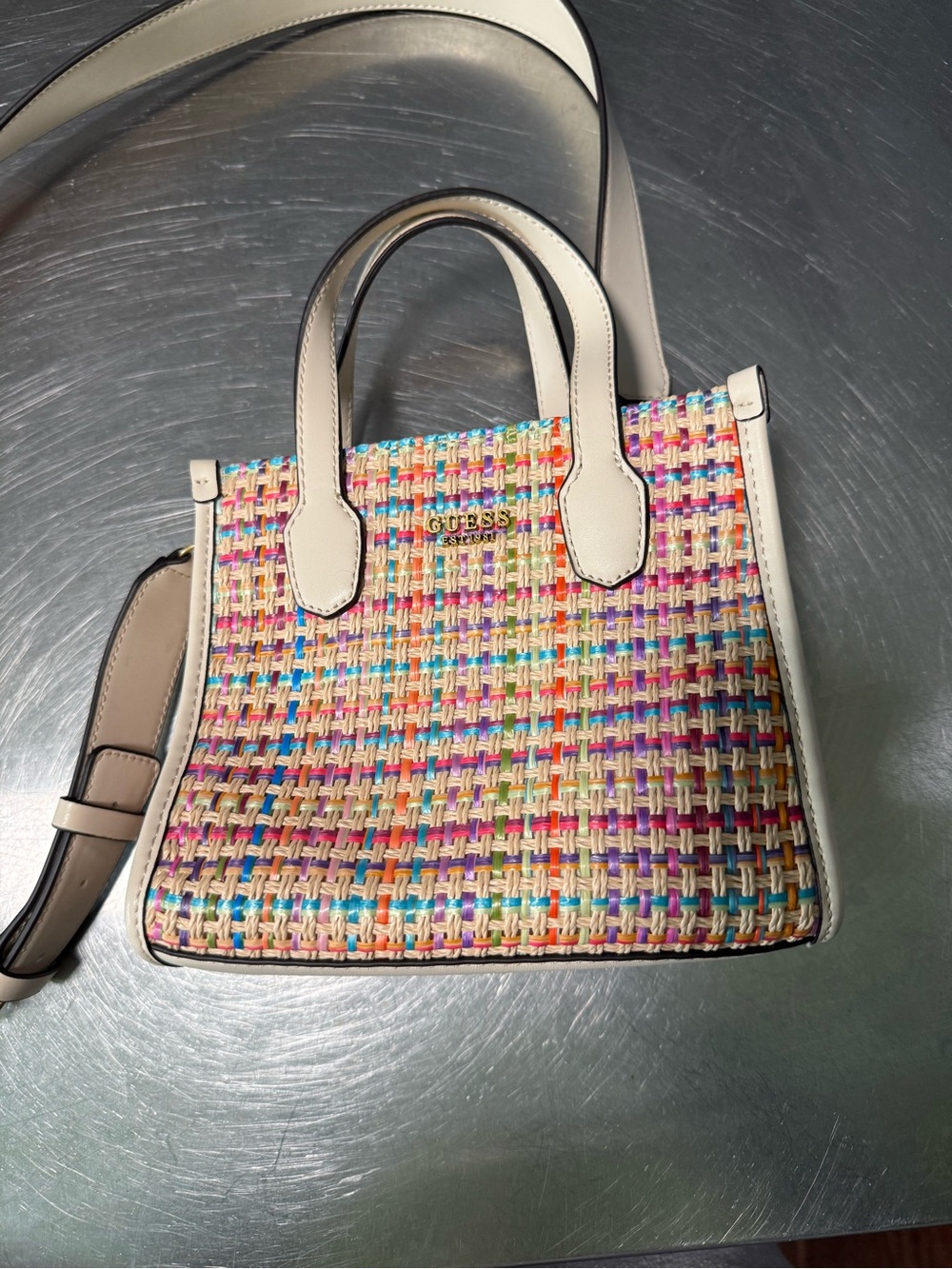 GUESS Multicolor Rafia Mini Tote with Cream Trim and Strap